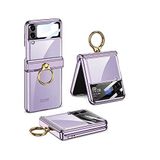 Aksesuarcim Samsung Galaxy Z Flip 4 ile Uyumlu Kılıfı kamera Lens Korumalı Yüzük Standlı İnce Sert Silikon Kapak Kıpta Lila