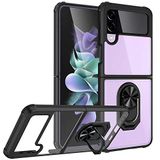Aksesuarcim Samsung Galaxy Z Flip 4 Kılıf Şeffaf Silikon Mıknatıslı Yüzük Standlı Kapak Mola Siyah