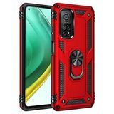 Aksesuarcim Xiaomi Mi 10T Pro 5G ile Uyumlu Kılıf Silikon Yüzük Standlı Araç Tutucu için Mıknatıslı Darbe Karşı Dayanıklı Koruma Tank İnce Kap Vega Kırmızı