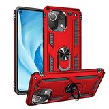 Aksesuarcim Xiaomi Mi 11 Lite ile Uyumlu Kılıf Silikon Yüzük Standlı Araç Tutucu için Mıknatıslı Darbe Karşı Dayanıklı Koruma Tank İnce Kap Vega Kırmızı