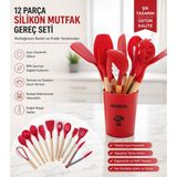 Aksoy Homestyle Ahşap Saplı Silikon Mutfak Gereçleri Seti – Isıya Dayanıklı, Çizmez, Modern Tasarım - Kırmızı - Pembe