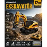 Aksoy Toys Uzaktan Kumandalı Mini Rc Ekskavatör 12CM – Metal Gövde, 360° Dönen, Paletli Rc Iş Makinesi - Sarı