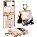 AktarMobile Samsung Galaxy Z Flip 4 ile Uyumlu Yüzüklü Kılıf, Kamera Korumalı, Premium Electroplate Metalik, Gold