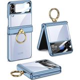 AktarMobile Samsung Galaxy Z Flip 4 ile Uyumlu Yüzüklü Kılıf, Kamera Korumalı, Premium Electroplate Metalik, Mavi