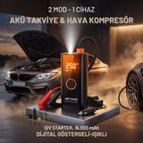 Akü Takviye Cihazı ve Lastik Şişirme Pompası – Powerbank Özellikli, Dijital Ekranlı SOS Fenerli Taşı