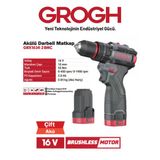 Akülü Şarjlı Matkap 16V 2Ah Darbeli Delme Vidalama Matkap(Brushless Motor)(Grx1634-2 Bmc) Siyah Gri Darbeli 1 Set