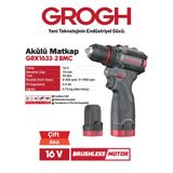 Akülü Şarjlı Matkap 16V 2Ah Delme Vidalama Matkap(Brushless Motor)(Grx1634-2 Bmc) Siyah Gri Darbesiz 1 Set