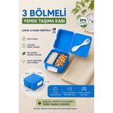 Akyüz Plastik 🥗 3 Bölmeli Yemek Taşıma Kabı | Çatal Kaşık Hediyeli Bpa Içermez Beslenme Kutusu-Mavi