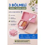 Akyüz Plastik 🥗 3 Bölmeli Yemek Taşıma Kabı | Çatal Kaşık Hediyeli Bpa Içermez Beslenme Kutusu-Pembe