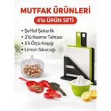 Akyüz Plastik 4’lü Mutfak Seti | Şeffaf Şekerlik + 3’lü Kesme Tahtası + 5’li Ölçü Kaşığı + Limon Sıkacağı