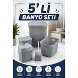 Akyüz Plastik 🧺5 Parça Antrasit Plastik Banyo Seti | Kirli Çamaşır Sepeti, Temiz Çamaşır Sepeti, Deterjan Kutusu, Çöp Kovası ve Klozet Fırçası Takımı