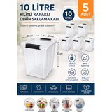 Akyüz Plastik 📦 5’li Kilitli Kapaklı 10 Litre Plastik Şeffaf Saklama Kabı 25X25 cm H: 27 cm Plastik Şeffaf Organi