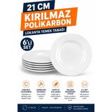 Akyüz Plastik 🍽️6'lı Kırılmaz Yemek Tabağı 21 cm Polikarbon Beyaz Restoran Servis Tabağı, Lokanta Tabağı