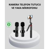 Al-Kar Ticaret Kablosuz Çift Yaka Mikrofonu ve Tripodlu Selfie Çubuğu Içerik Üretici Seti
