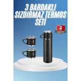 Al-Kar Ticaret Paslanmaz Çelik Lisinya Termos Siyah Renk 3 Bardaklı Taşınabilir Termos Seti Kamp ve Outdoor Uyumlu