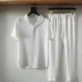 Alaçatı Stili Erkek Bürümcük Krinkıl Kumaş Yazlık Likralı Polo Yaka Tshirt ve Eşofman Takım Kombini - Beyaz - XL