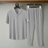 Alaçatı Stili Erkek Bürümcük Krinkıl Kumaş Yazlık Likralı Polo Yaka Tshirt ve Eşofman Takım Kombini - Gri