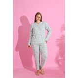 ALACURVE Kadın Büyük Beden Desenli Yakası Düğmeli Uzun Kollu Bambu Pijama Takımı
