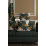 ALAMODECOR Bohem Stil Punch Görünümlü Yeşil Yaprak Desenli Çift Taraflı Dijital Baskılı 4'lü Kırlent Kılıfı
