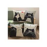 ALAMODECOR Siyah, Beyaz Karikatür Sevimli Kedi Desenli Dijital Çift Taraflı Baskılı 4'lü Kırlent Kılıf Seti