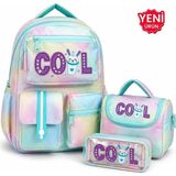 Alanç Gift Premium 3’lü Okul Çantası Seti, Isı Yalıtımlı Beslenme Çantası ve Çift Bölmeli Kalemlik - Yeşil