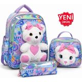 Alanç Gift Premium Kız Çocuk Peluş Ayıcıklı Anaokulu Ve İlkokul Sırt Çantası Termal Beslenme Çantası ve Kalemlik - Mavi - Pembe