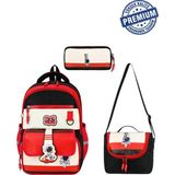 Alanç Gift Ultra Lüks Astronot Desen Premium Erkek Çocuk Ortopedik Ilkokul Çantası Termal Beslenme ve Kalemlik - Kırmızı
