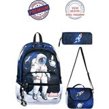 Alanç Gift Ultra Lüks Erkek Çocuk Ortopedik Su Geçirmez Astronot İlkokul Okul Çantası Termal Beslenme Ve Kalemlik