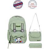 Alanç Gift Ultra Lüks Suya Dayanıklı Erkek Çocuk Kawaii Panda İşlemeli İIkokul Çantası Termal Beslenme ve Kalemlik - Açık Yeşil