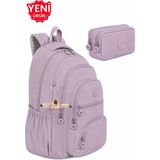 Alanç Gift Ultra Lüks Unisex Krinkıl Kumaş Lise, Ortaokul Sırt Çantası ve Çift Bölmeli Kalemlik, Anahtarlık Hediyeli - Gül Kurusu