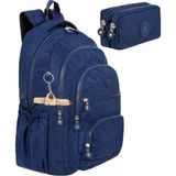 Alanç Gift Ultra Lüks Unisex Krinkıl Kumaş Lise, Ortaokul Sırt Çantası ve Çift Bölmeli Kalemlik, Anahtarlık Hediyeli - Lacivert