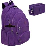 Alanç Gift Ultra Lüks Unisex Krinkıl Kumaş Lise, Ortaokul Sırt Çantası ve Çift Bölmeli Kalemlik, Anahtarlık Hediyeli - Mor