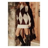 AlanTeks Retro Stil Baklava Desenli Oversize Triko Tunik - Yeni Sezon Salaş Kesim Kışlık Kadın Örme Tunik