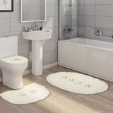 Alanur Home Queen Oval Nakışlı Kaymaz Yıkanabilir 3'lü Paspas Seti Klozet Takımı Set Krem