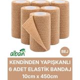 Alban 10CM 6'lı Set Kendinden Yapışkanlı Elastik Bandaj, Kohesiv Bandaj 10CM x 4.5m – Spor, Bilek, Ayak Bileği, Veteriner Bandajı - 10 cm x 4.5 m - Bej