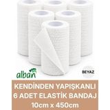 Alban 10CM 6'lı Set Kendinden Yapışkanlı Elastik Bandaj, Kohesiv Bandaj 10CM x 4.5m – Spor, Bilek, Ayak Bileği, Veteriner Bandajı - 10 cm x 4.5 m - Beyaz