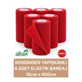 Alban 10cm 6'Lı Set Kendinden Yapışkanlı Elastik Bandaj, Kohesiv Bandaj 10cm x 4.5m – Spor, Bilek, Ayak Bileği, Veteriner Bandajı(Kırmızı)