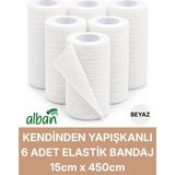 Alban 15CM 6'lı Set Kendinden Yapışkanlı Elastik Bandaj, Kohesiv Bandaj 15CM x 4.5m – Spor, Bilek, Ayak Bileği, Veteriner Bandajı - 15 cm x 4.5 m - Beyaz