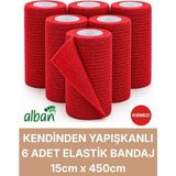 Alban 15CM 6'lı Set Kendinden Yapışkanlı Elastik Bandaj, Kohesiv Bandaj 15CM x 4.5m – Spor, Bilek, Ayak Bileği, Veteriner Bandajı - 15 cm x 4.5 m - Kırmızı