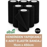 Alban 15CM 6'lı Set Kendinden Yapışkanlı Elastik Bandaj, Kohesiv Bandaj 15CM x 4.5m – Spor, Bilek, Ayak Bileği, Veteriner Bandajı - 15 cm x 4.5 m - Siyah