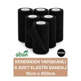 Alban 15cm 6'Lı Set Kendinden Yapışkanlı Elastik Bandaj, Kohesiv Bandaj 15cm x 4.5m – Spor, Bilek, Ayak Bileği, Veteriner Bandajı(Siyah)
