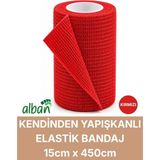 Alban 15CM Kendinden Yapışkanlı Elastik Bandaj, Kohesiv Bandaj 15CM x 4.5m – Spor, Bilek, Ayak Bileği, Veteriner Bandajı - 15 cm x 4.5 m - Kırmızı