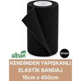 Alban 15CM Kendinden Yapışkanlı Elastik Bandaj, Kohesiv Bandaj 15CM x 4.5m – Spor, Bilek, Ayak Bileği, Veteriner Bandajı - 15 cm x 4.5 m - Siyah