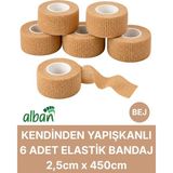 Alban 2,5cm 6'lı Set Kendinden Yapışkanlı Elastik Bandaj, Kohesiv Bandaj 2,5cm x 4.5m – Spor, Bilek, Ayak Bileği, Veteriner Bandajı - 2.5 cm x 4.5 m - Bej