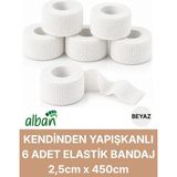Alban 2,5cm 6'lı Set Kendinden Yapışkanlı Elastik Bandaj, Kohesiv Bandaj 2,5cm x 4.5m – Spor, Bilek, Ayak Bileği, Veteriner Bandajı - 2.5 cm x 4.5 m - Beyaz