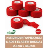 Alban 2,5cm 6'lı Set Kendinden Yapışkanlı Elastik Bandaj, Kohesiv Bandaj 2,5cm x 4.5m – Spor, Bilek, Ayak Bileği, Veteriner Bandajı - 2.5 cm x 4.5 m - Kırmızı