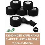 Alban 2,5cm 6'lı Set Kendinden Yapışkanlı Elastik Bandaj, Kohesiv Bandaj 2,5cm x 4.5m – Spor, Bilek, Ayak Bileği, Veteriner Bandajı - 2.5 cm x 4.5 m - Siyah