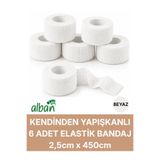 Alban 2,5cm 6'Lı Set Kendinden Yapışkanlı Elastik Bandaj, Kohesiv Bandaj 2,5cm x 4.5m – Spor, Bilek, Ayak Bileği, Veteriner Bandajı(Beyaz)