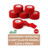 Alban 2,5cm 6'Lı Set Kendinden Yapışkanlı Elastik Bandaj, Kohesiv Bandaj 2,5cm x 4.5m – Spor, Bilek, Ayak Bileği, Veteriner Bandajı(Kırmızı)