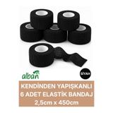 Alban 2,5cm 6'Lı Set Kendinden Yapışkanlı Elastik Bandaj, Kohesiv Bandaj 2,5cm x 4.5m – Spor, Bilek, Ayak Bileği, Veteriner Bandajı(Siyah)